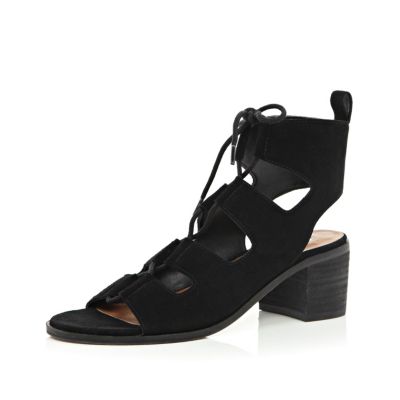 Black leather ghillie lace-up sandals